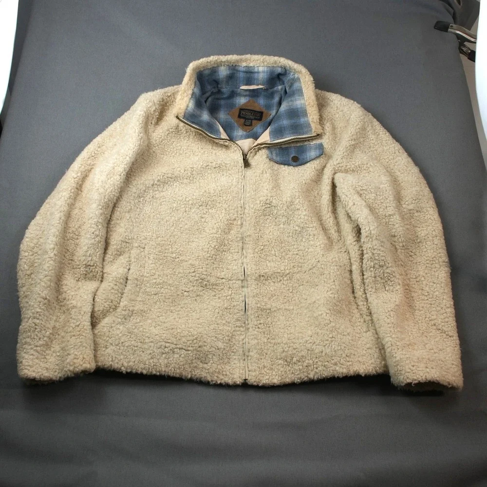 Pendleton Beige Sherpa Fleece Jacket Plaid Wool Lined Full Zip Warm Womens